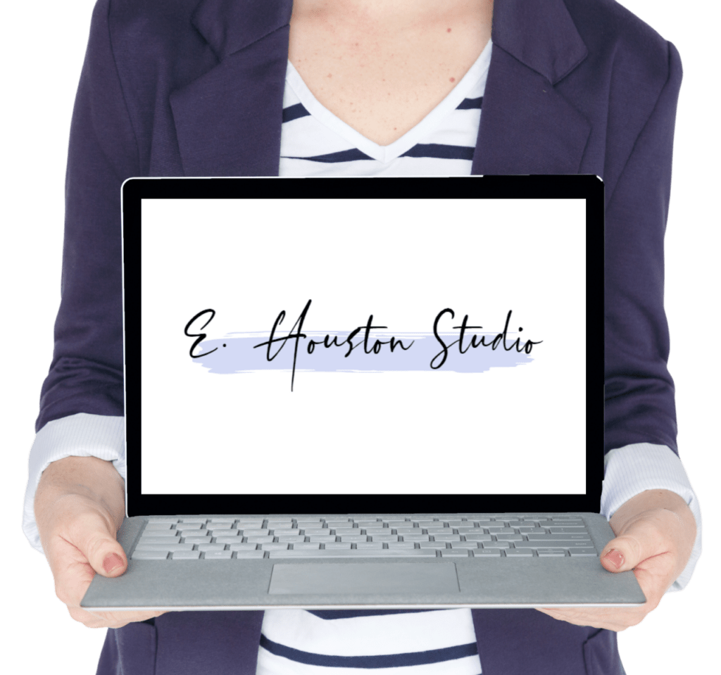 Woman holding a laptop with E Houston Studio logo