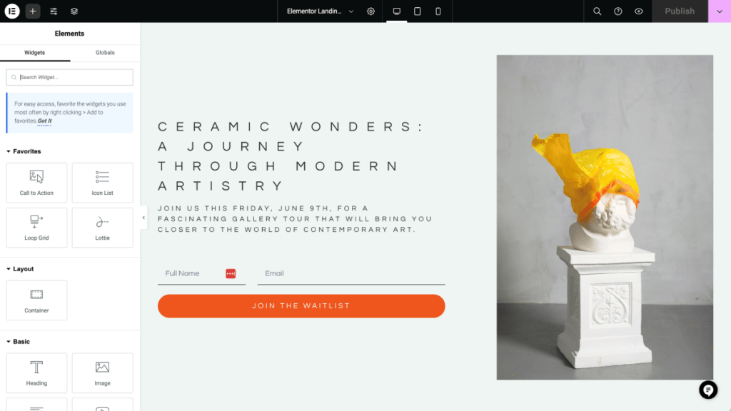 Create a landing page in WordPress showcasing the ceramic wonders of a modern artist.