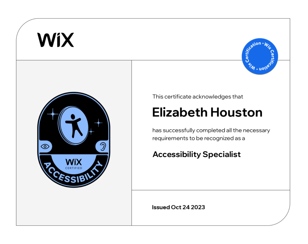 Elizabeth Houston is an accessibility specialist with a certificate in wx (weather) accessibility.