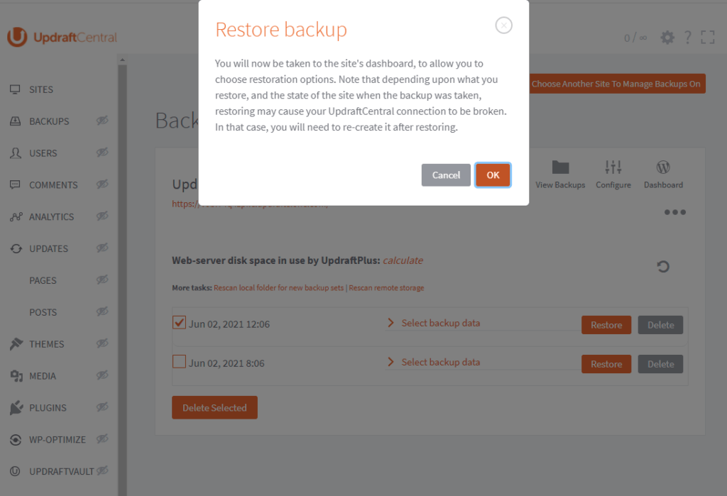 A screenshot of the WordPress restore backup page with Plugins options displayed.