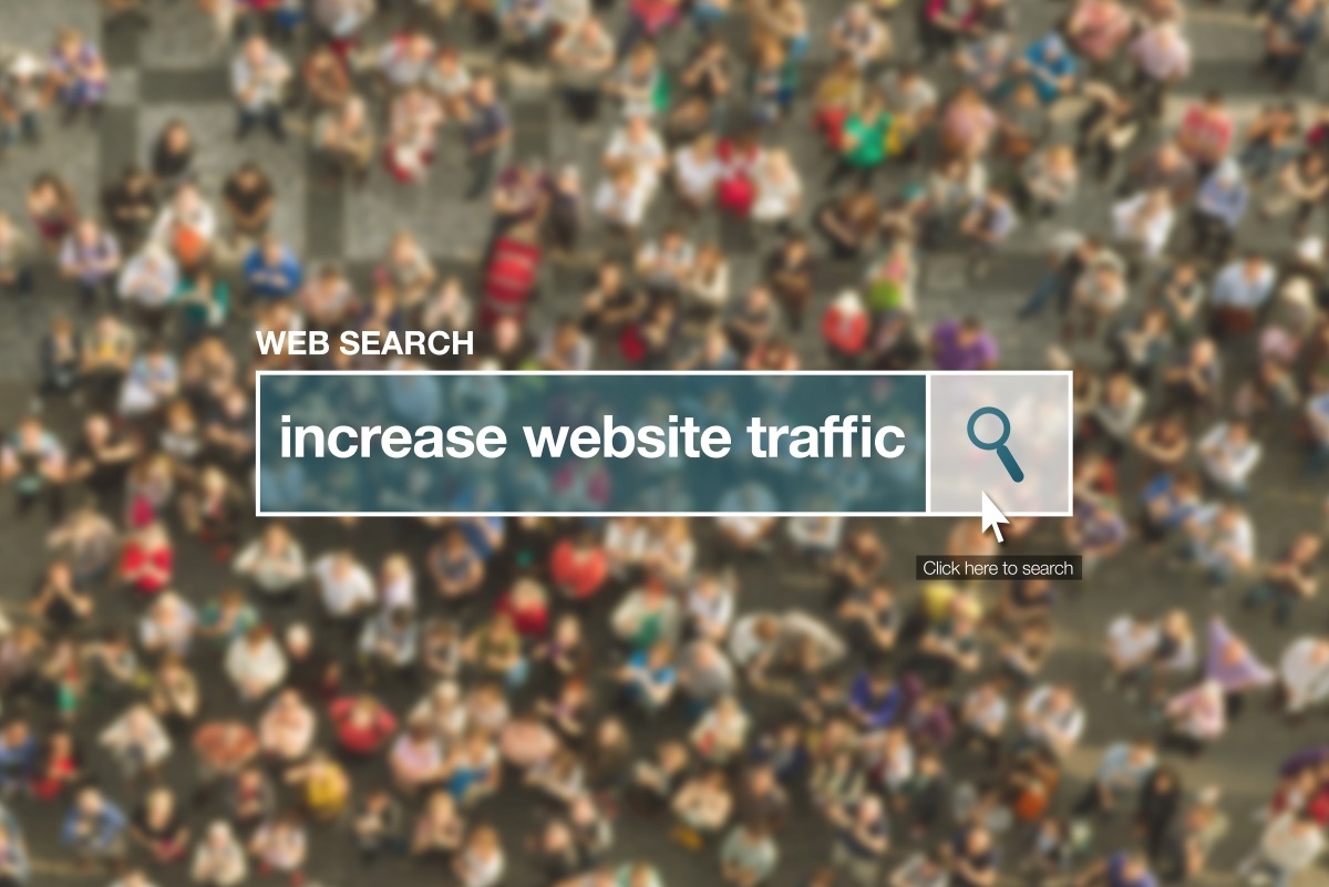 An image of a crowd of people with the words increase website traffic and get more visitors.