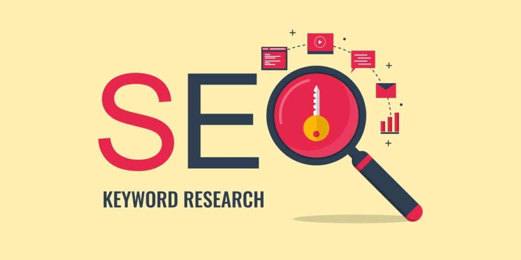 A magnifying glass with the words seo keyword research that helps attract more website traffic and visitors.